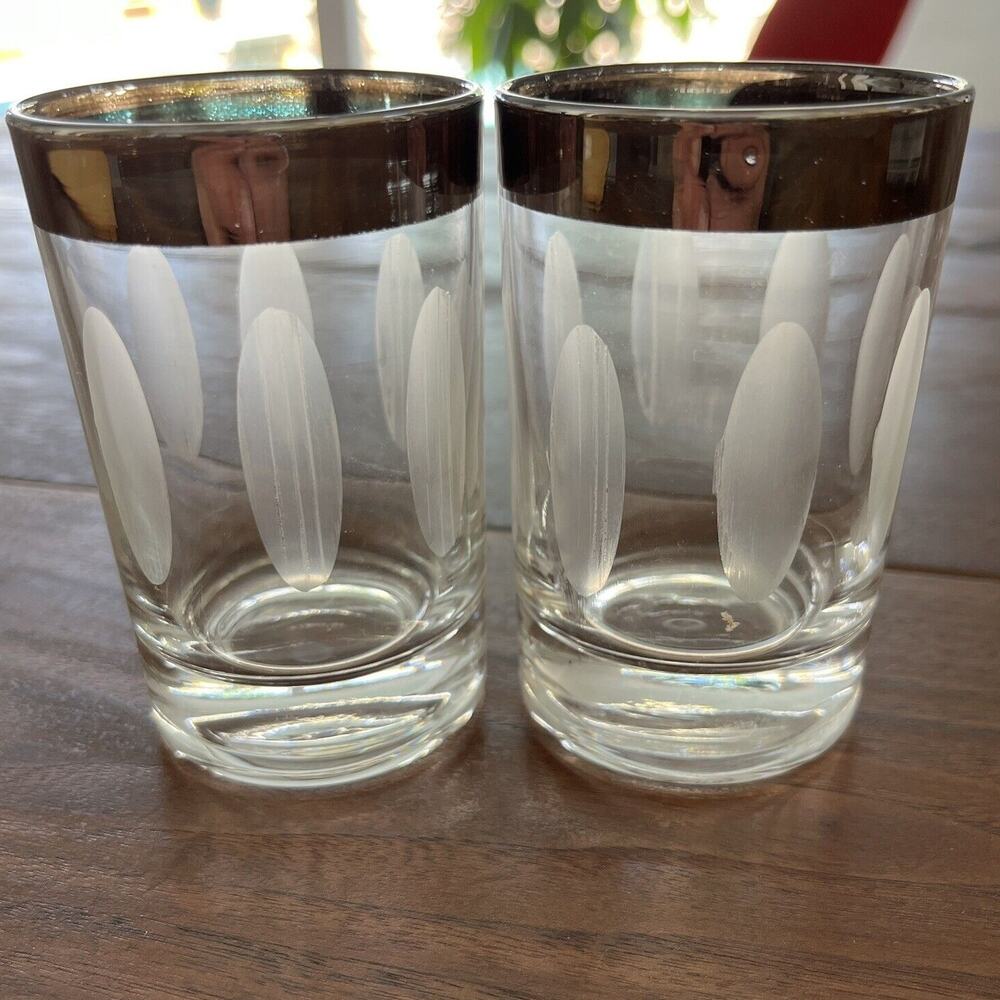 Vintage Dorothy Thorpe Shot Juice Glasses Cut Etched Silver Band Rim x 2